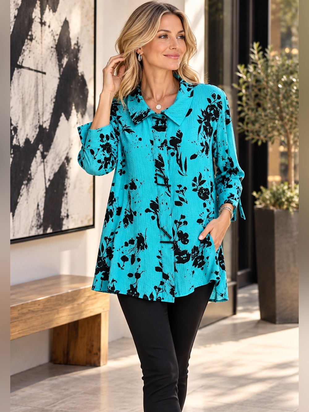 Ali Miles Tunic Top M Turquoise Black Floral Crinkle Wired Collar Artsy